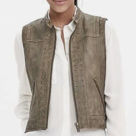 Banana Republic Heritage Leather Grommet Vest Olive XS NWT - Picture 3 of 12